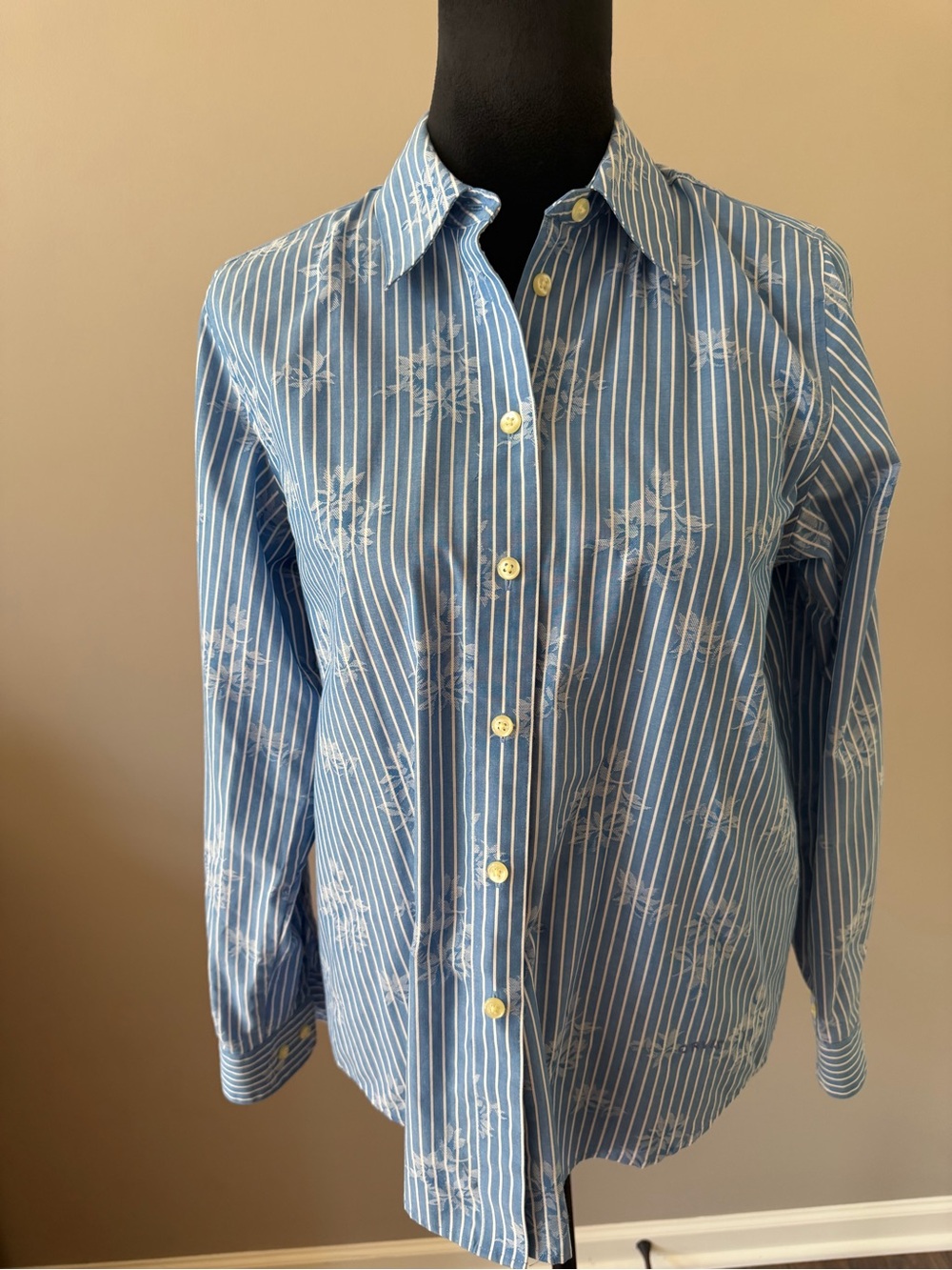 Orvis Blue & White Striped Floral Button Long Sleeve Shirt Sz 8